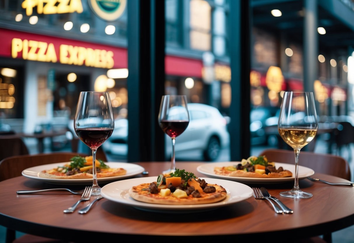 A table set with two main courses and a complimentary glass of wine at Pizza Express