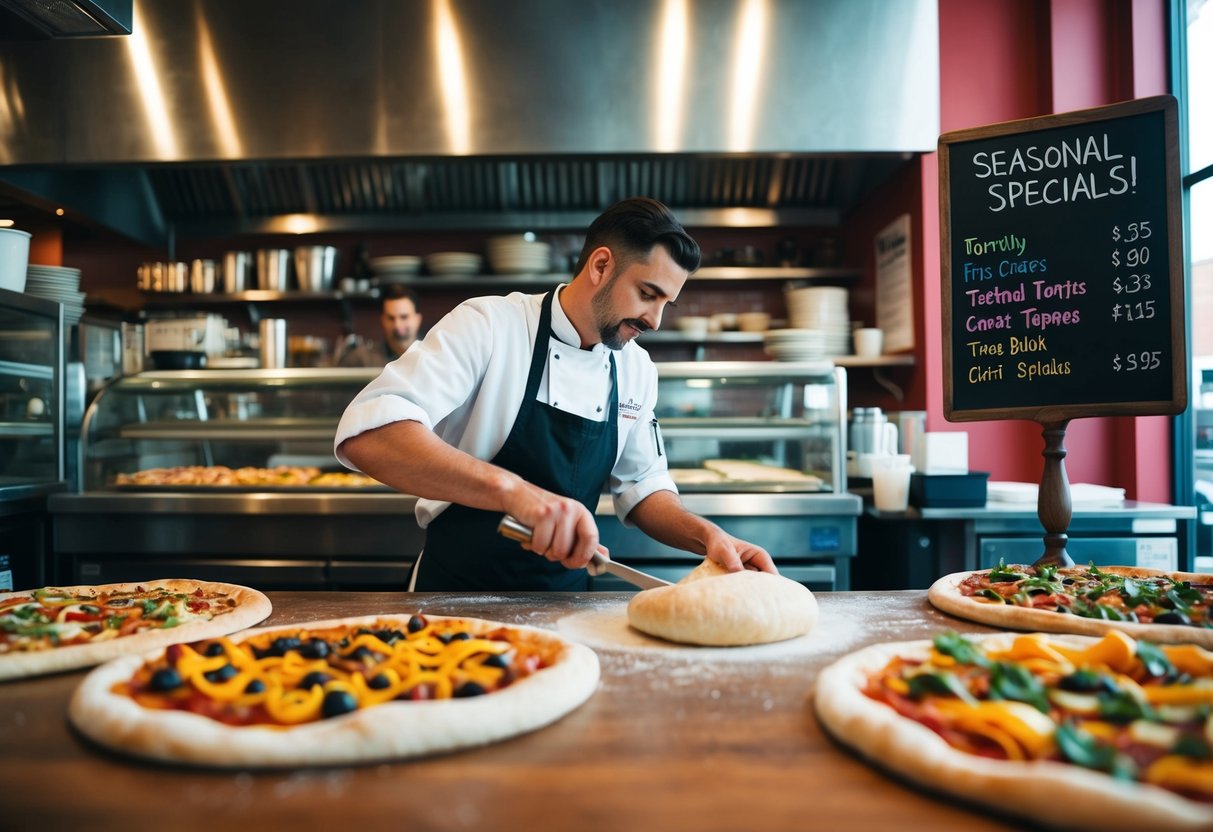 A bustling pizzeria with a chef tossing dough, colorful toppings on display, and a chalkboard sign advertising seasonal specials