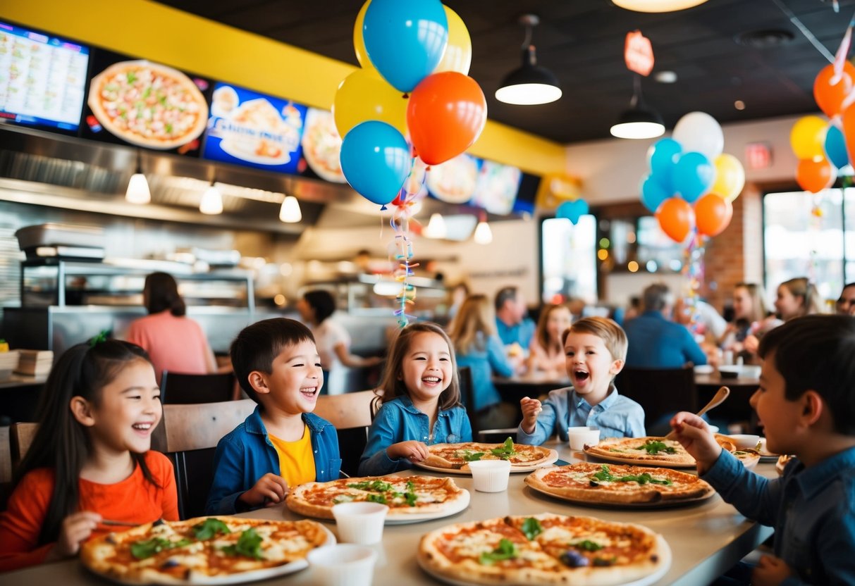 A bustling pizzeria filled with families, children laughing and enjoying their meals. Colorful balloons and lively decorations create a festive atmosphere