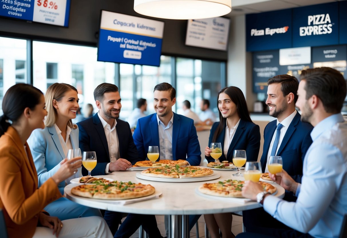 A group of professionals enjoying a team lunch at Pizza Express, with corporate discounts and promotions visible