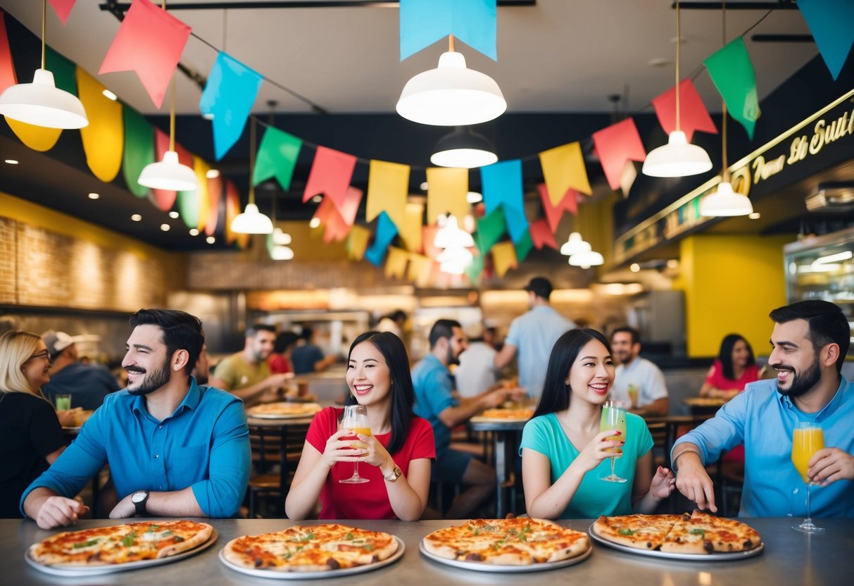 A bustling pizzeria with colorful banners and cheerful customers enjoying discounted pizzas and drinks