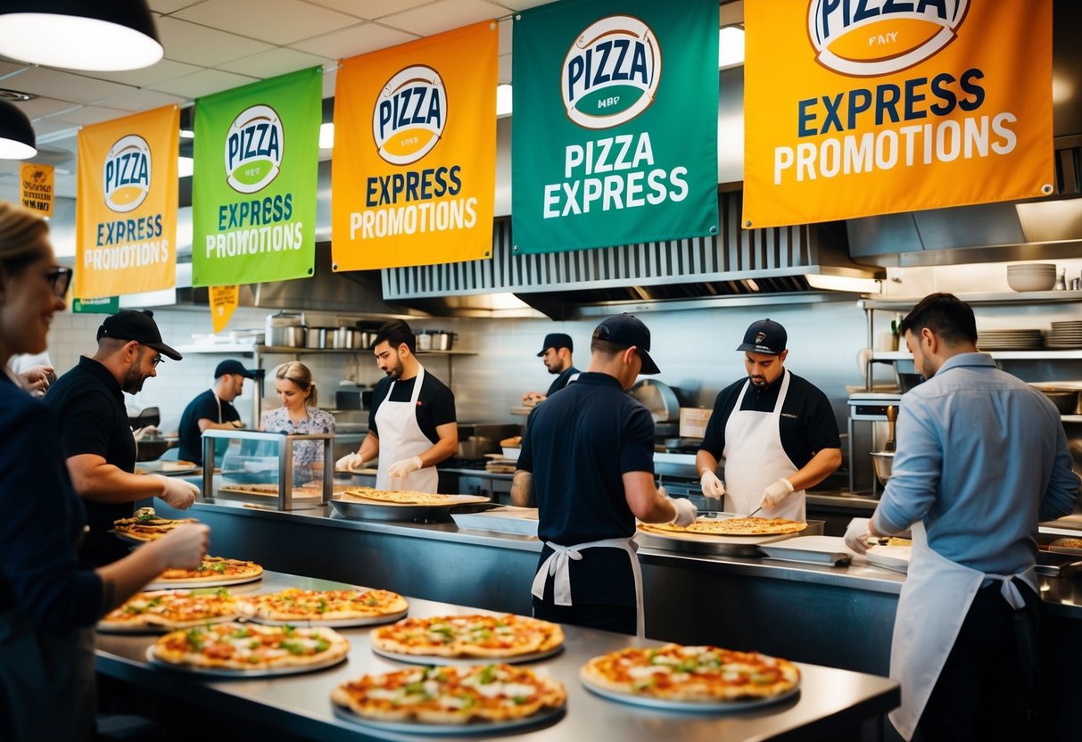 A bustling pizzeria with colorful banners and signs promoting Pizza Express promotions. Customers enjoy their meals while staff work efficiently in the busy kitchen