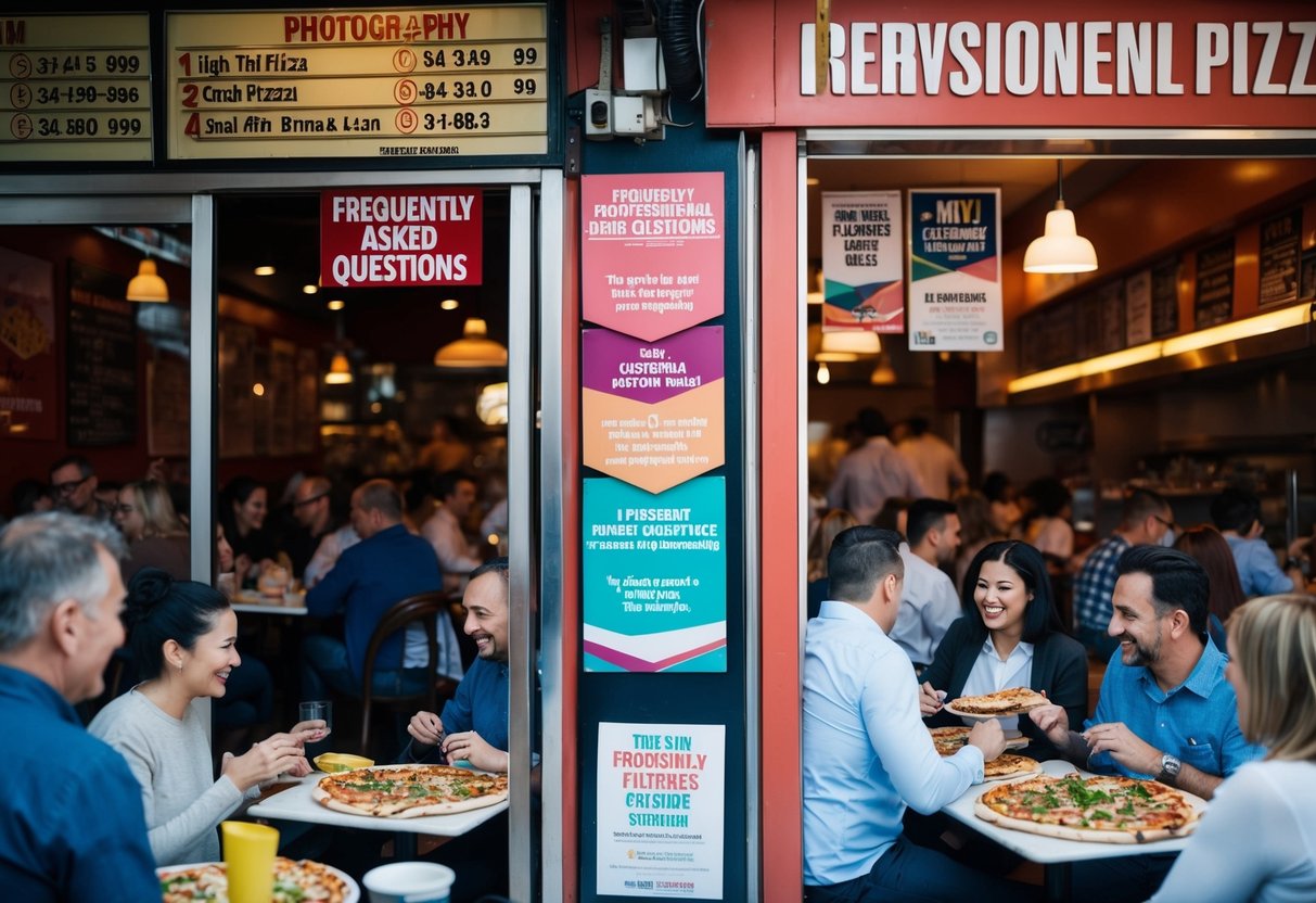 A crowded pizzeria with a prominent "Frequently Asked Questions" sign near the entrance, surrounded by various promotional materials and happy customers enjoying their meals