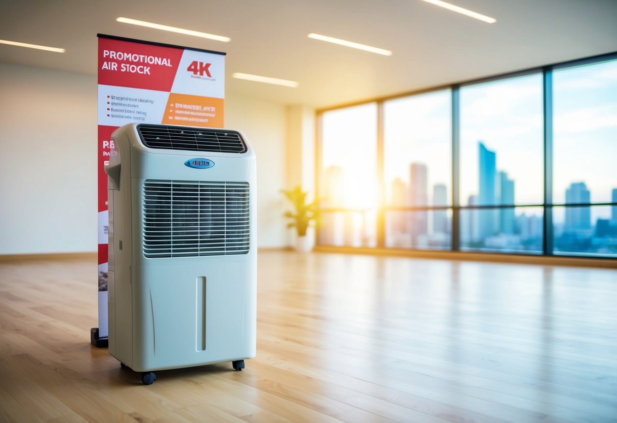 A portable air conditioner displayed with promotional signage in a bright, spacious room