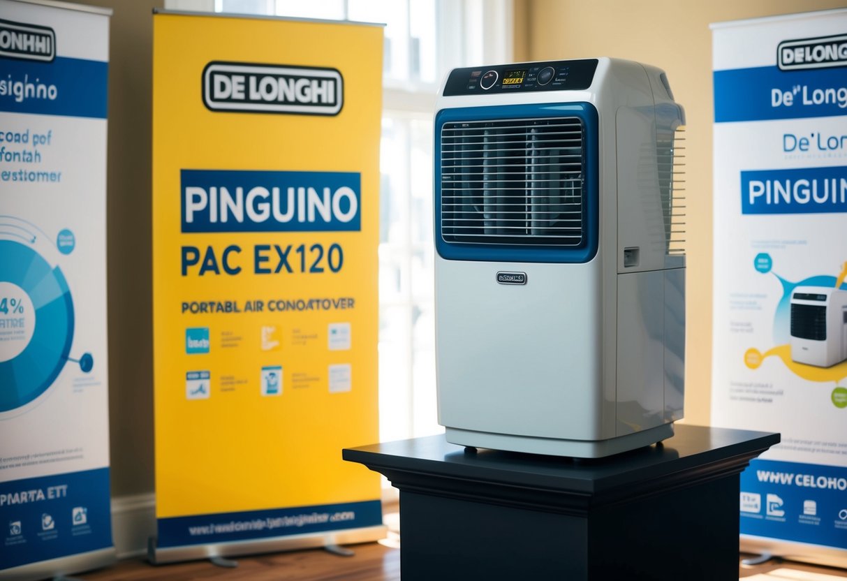 A sunny room with a De'Longhi Pinguino PAC EX120 portable air conditioner on a pedestal, surrounded by promotional banners and leaflets