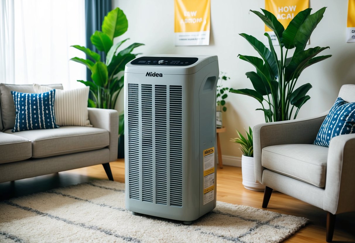 A Midea 7000 BTU Portable Air Conditioner sits in a well-lit living room, surrounded by comfortable furniture and lush houseplants. Promotional banners and price tags hang nearby