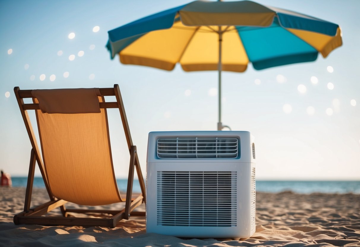 A sunny outdoor scene with a beach chair, umbrella, and a Chilly 9000BTU Portable Air Conditioner displayed prominently