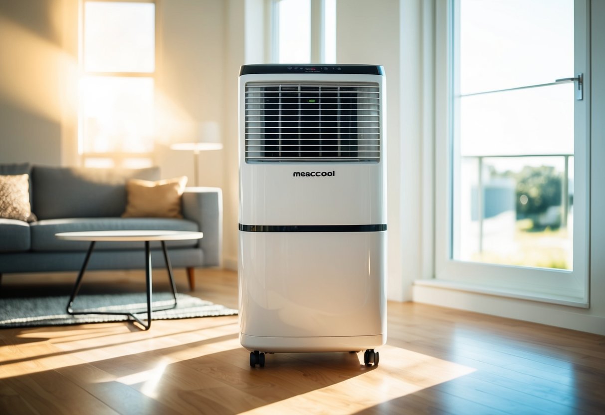 A bright, modern living room with a MeacoCool MC Series portable aircon featured prominently. Sunlight streams in through the window, casting a warm glow on the sleek design