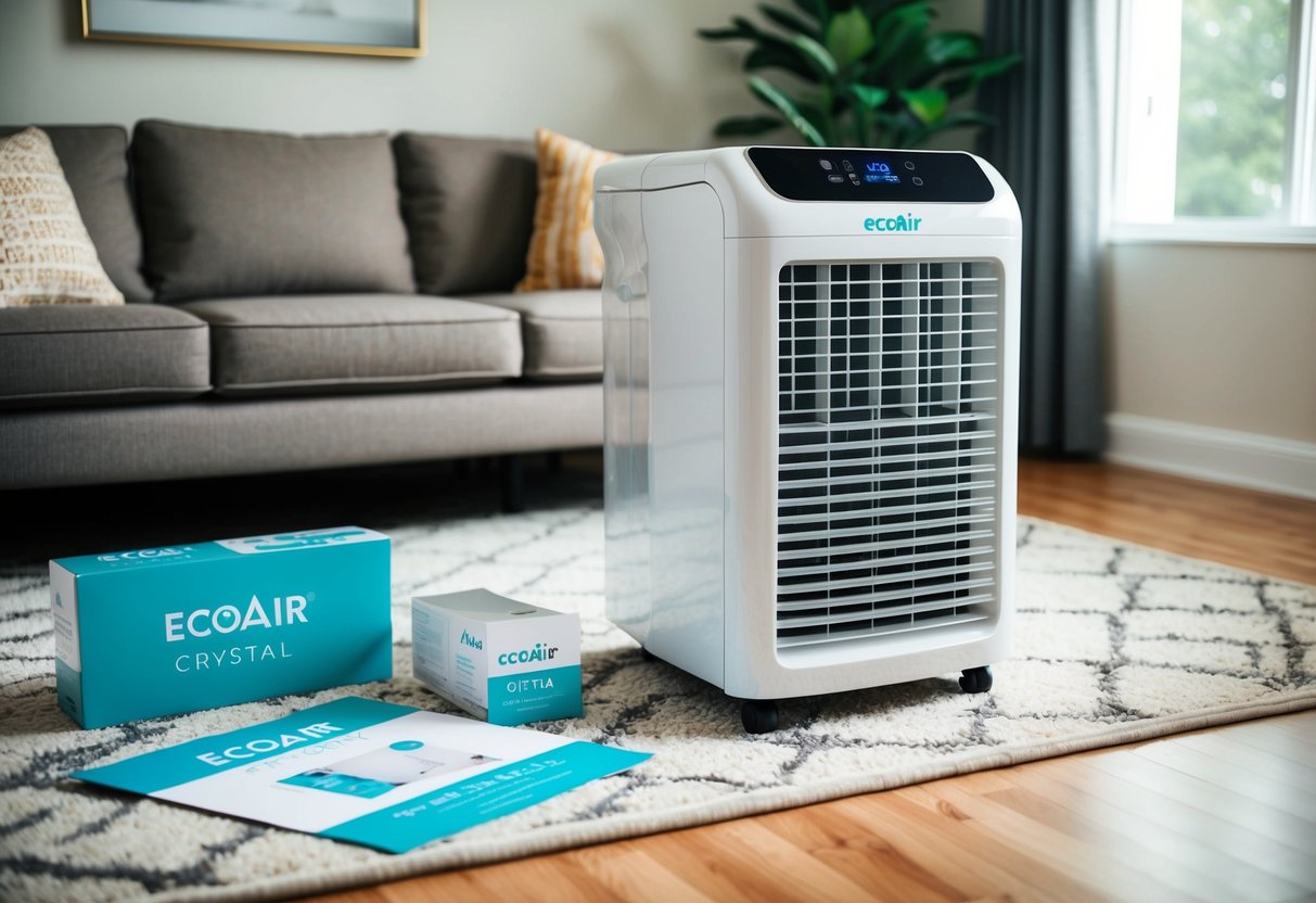 A cozy living room with a sleek EcoAir Crystal Portable Air Conditioner featured prominently, surrounded by promotional materials