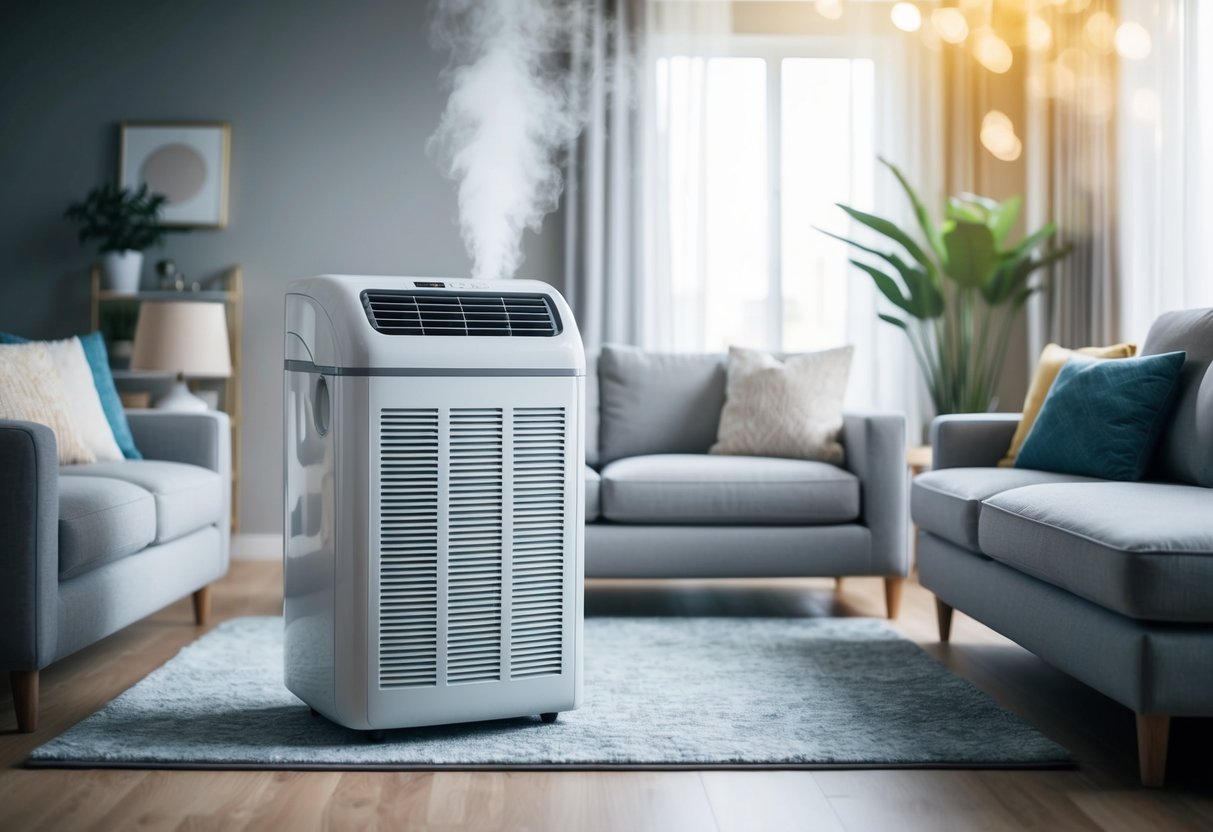 A portable air conditioner sits in a modern living room, surrounded by comfortable furniture and bathed in cool, refreshing air