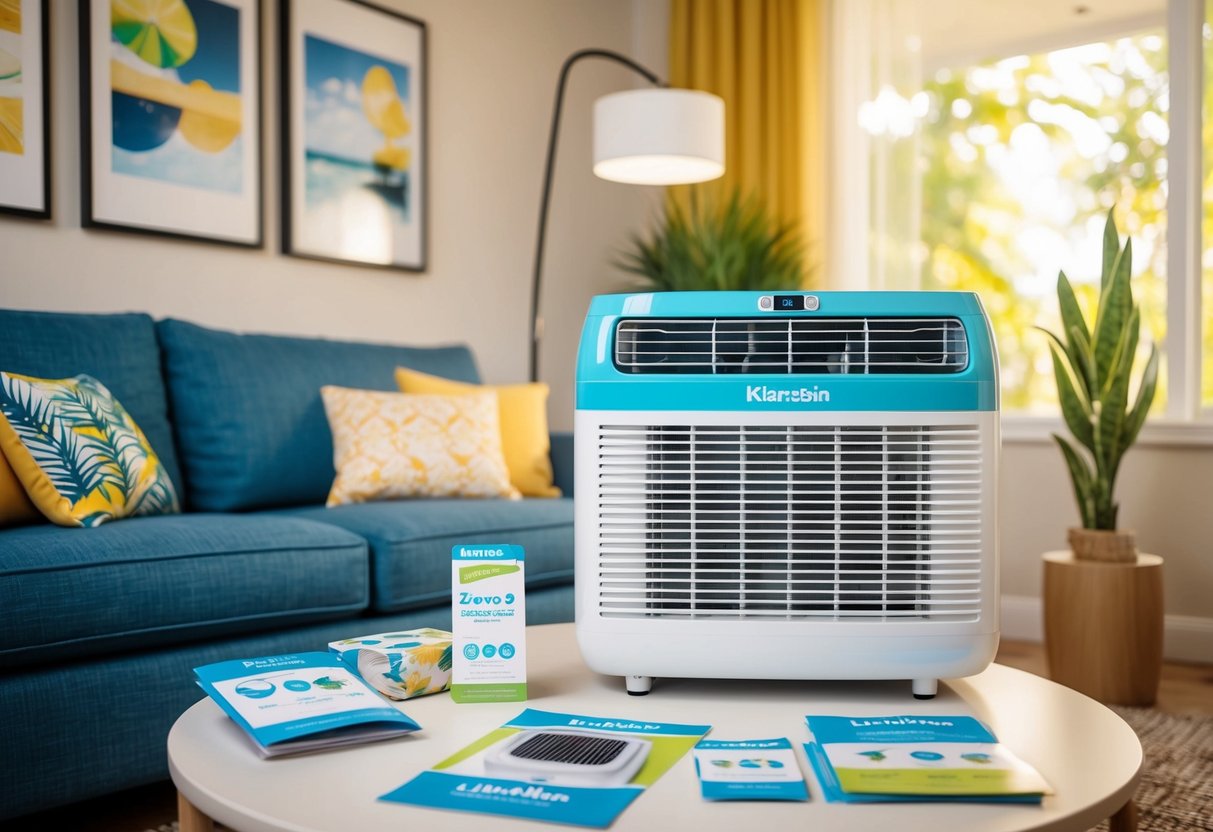 A living room with a Klarstein New Breeze 9 portable aircon on a table, surrounded by promotional materials and a summer-themed background