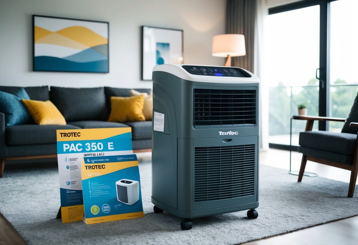 A modern living room with a Trotec PAC 3500 E portable air conditioner displayed prominently with promotional materials around it