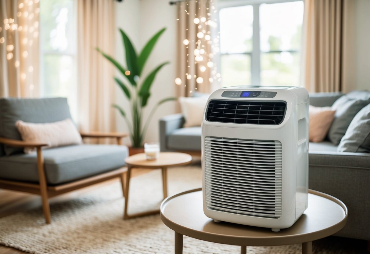 A cozy living room with a portable air conditioner sitting on a table, surrounded by comfortable furniture and a refreshing breeze filling the space