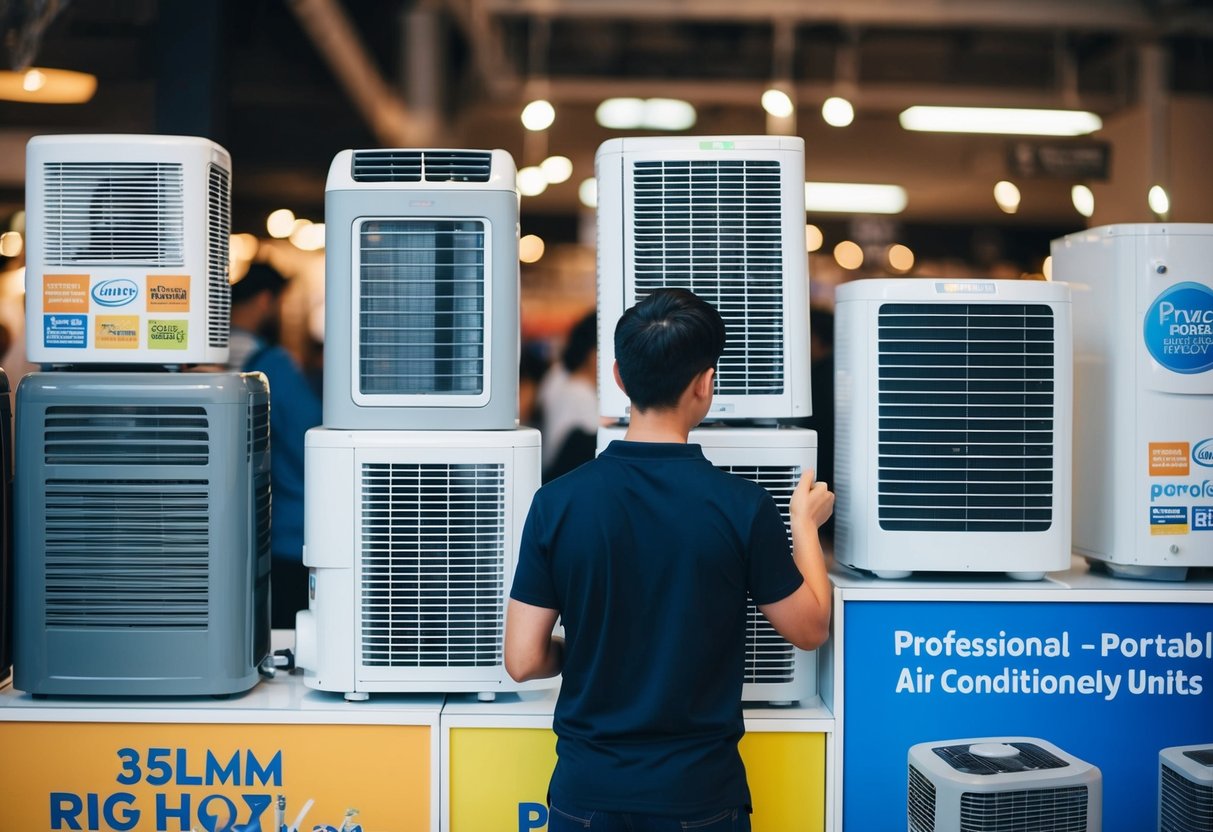 A person browsing through various portable air conditioning units on display with promotional stickers and banners