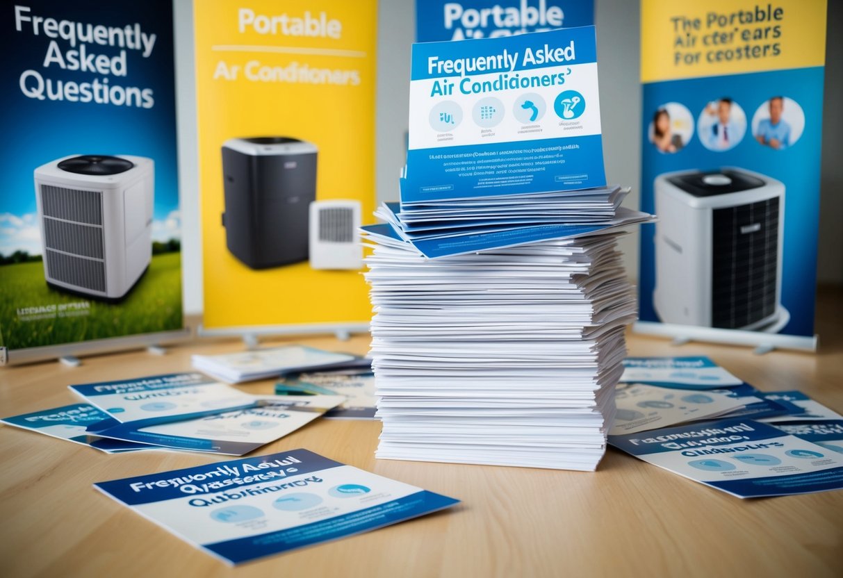 A stack of leaflets with "Frequently Asked Questions" about portable air conditioners, surrounded by promotional banners and product images