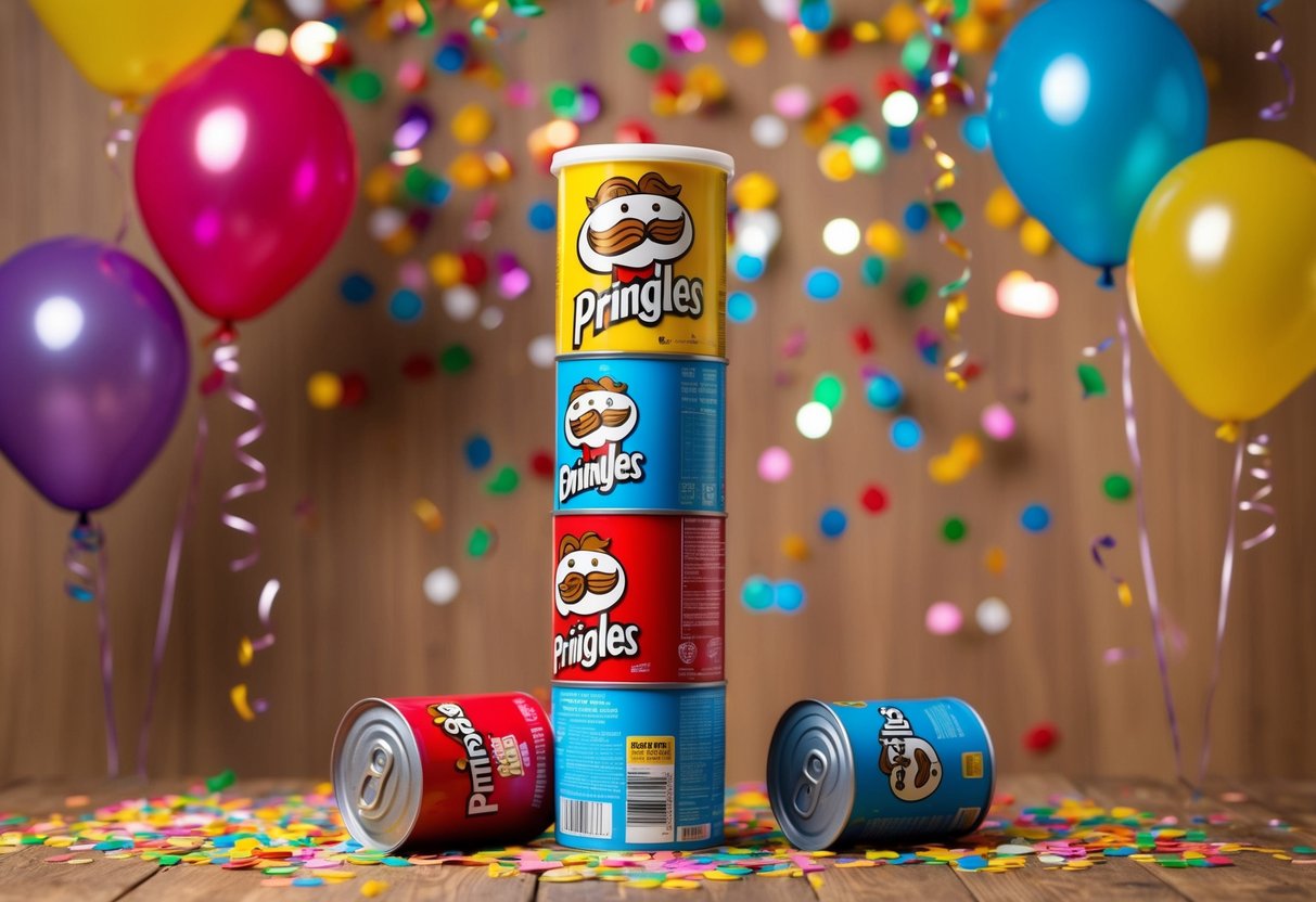 A stack of Pringles cans surrounded by colorful confetti and balloons