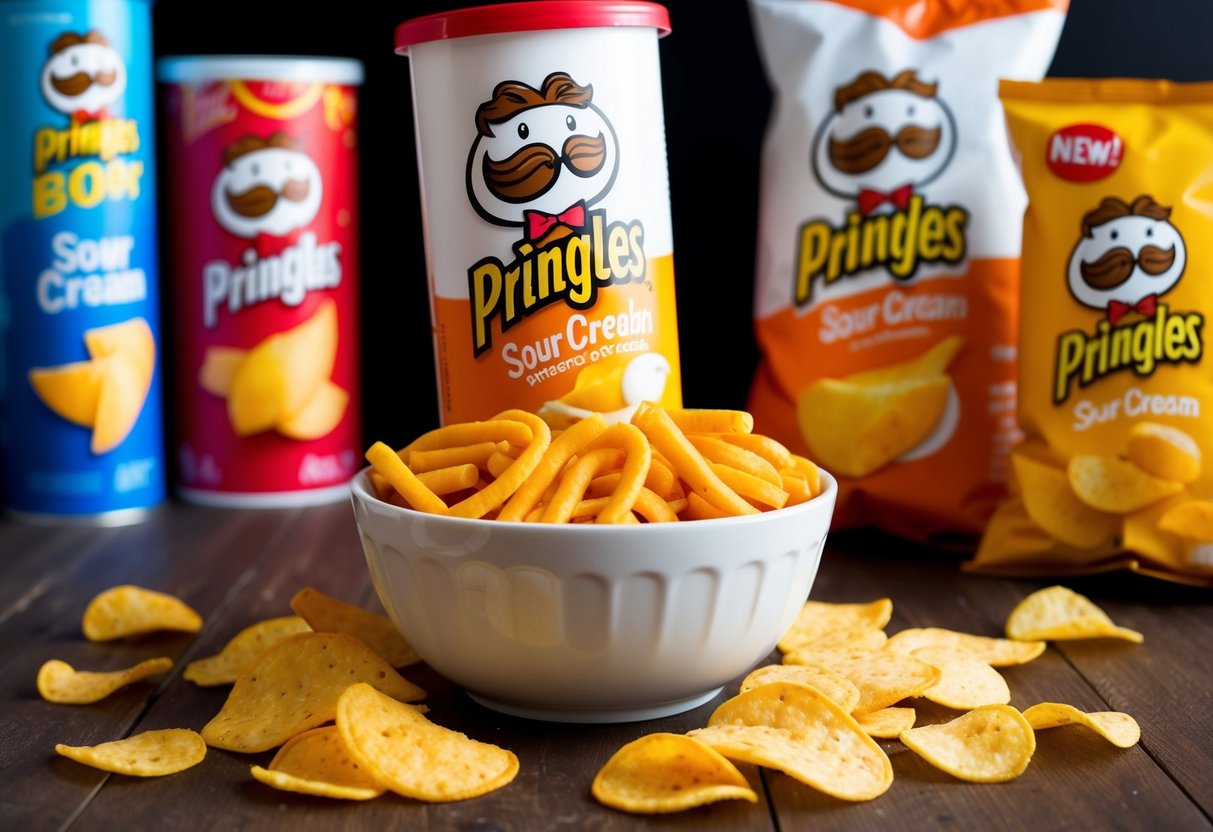 A bowl of Cheddar Cheese & Sour Cream Pringles surrounded by scattered chips and a promotional banner in the background