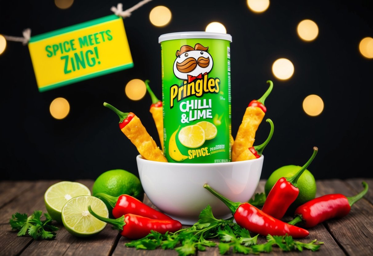 A bowl of Chilli & Lime Pringles surrounded by vibrant lime and red chilli peppers. A banner with "Spice meets zing!" hangs above