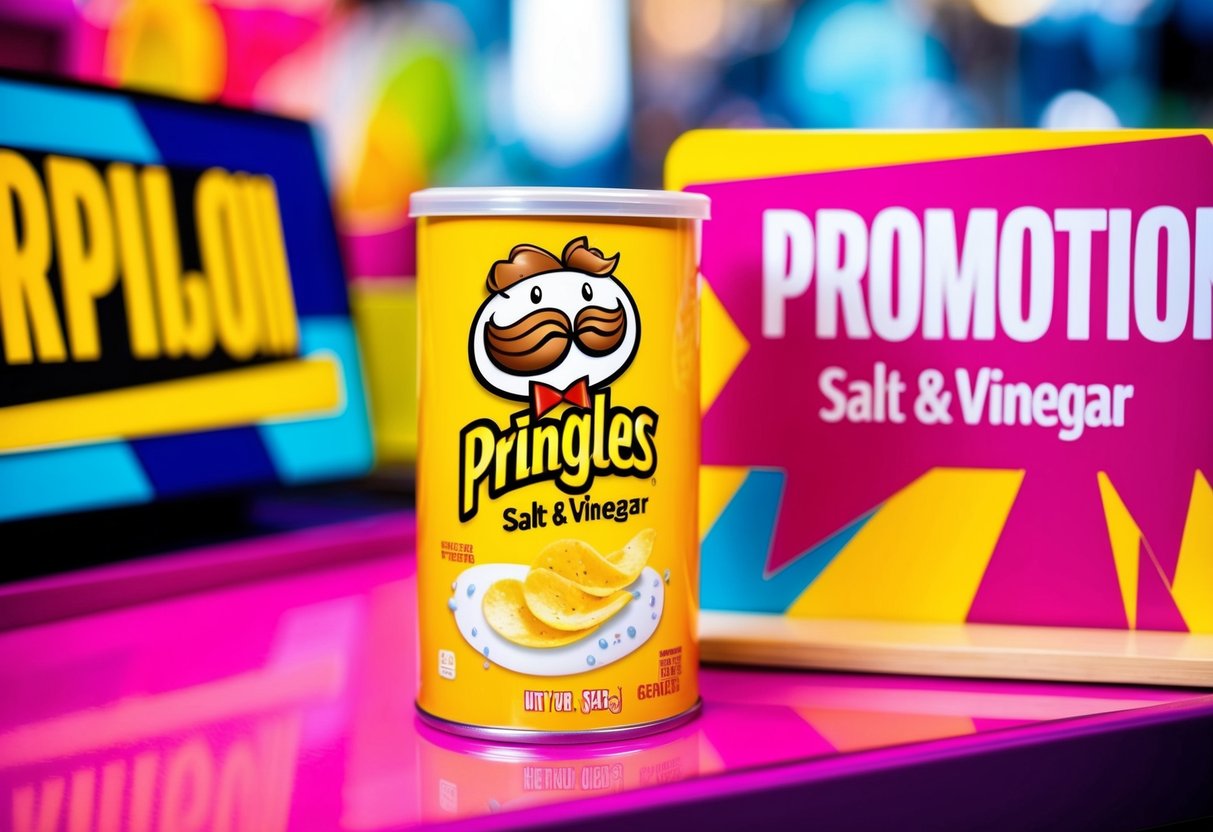 A can of Salt & Vinegar Pringles sits on a bright, colorful display with a bold "Promotion" sign