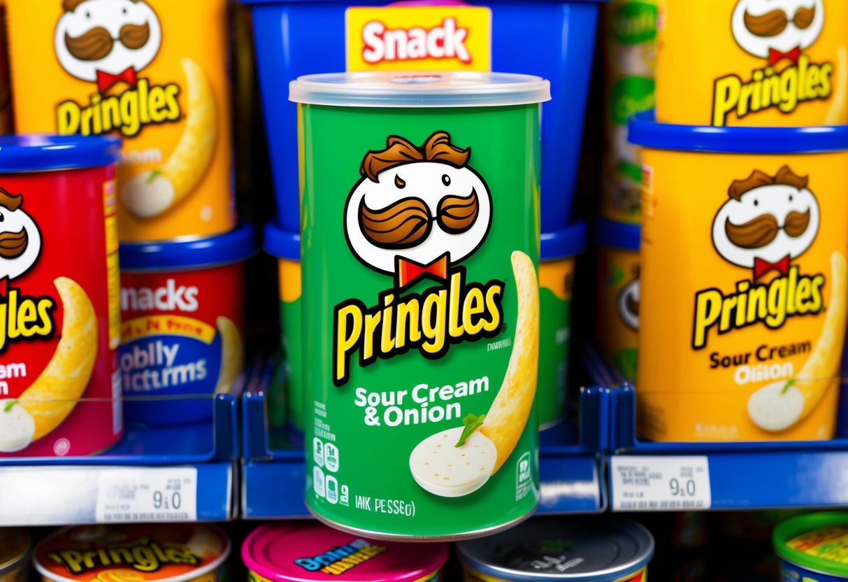 A can of Sour Cream & Onion Pringles stands prominently on a vibrant display shelf, surrounded by other snack items. Bright colors and bold graphics draw attention to the promotional offer