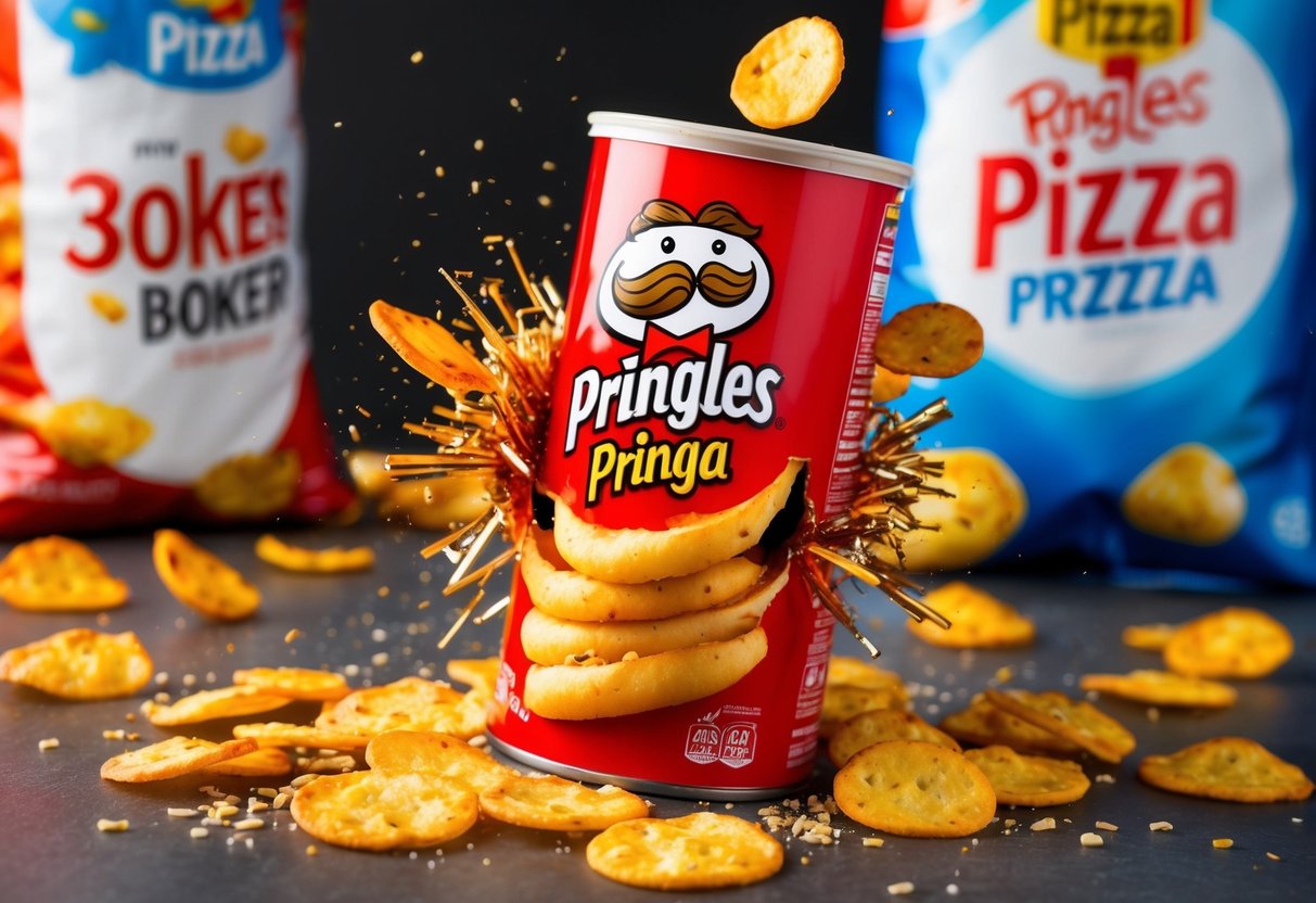A stack of Pizza Pringles bursting out of a can, surrounded by scattered crisps and a promotional banner