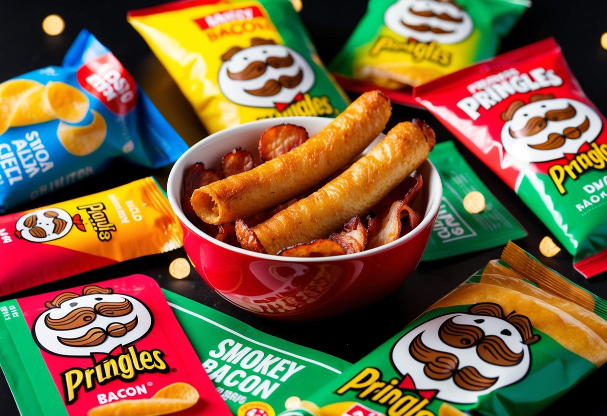 A bowl of Smokey Bacon Pringles surrounded by vibrant, eye-catching promotional materials
