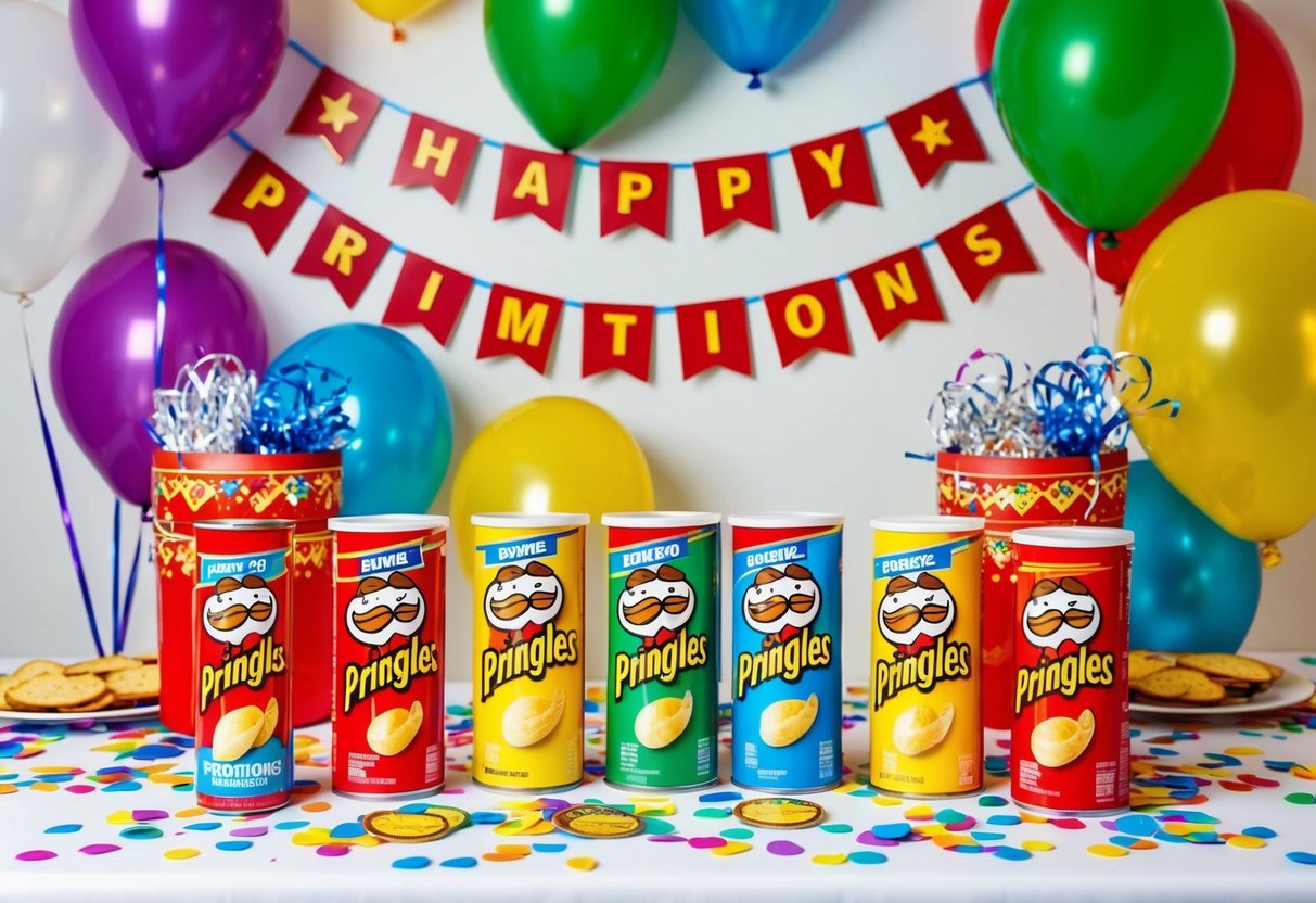 A festive table with colorful Pringles cans and party decorations. A banner reads "Pringles Promotions" with balloons and confetti around