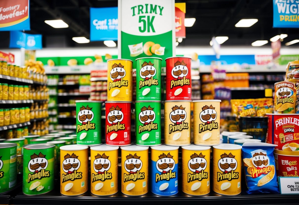 A grocery store display with a variety of Pringles cans arranged in a pyramid, surrounded by promotional signs and banners