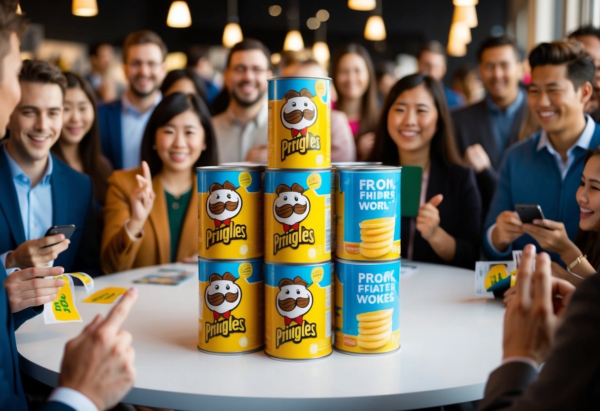 A stack of Pringles cans with promotional stickers, surrounded by a crowd of eager customers with questions