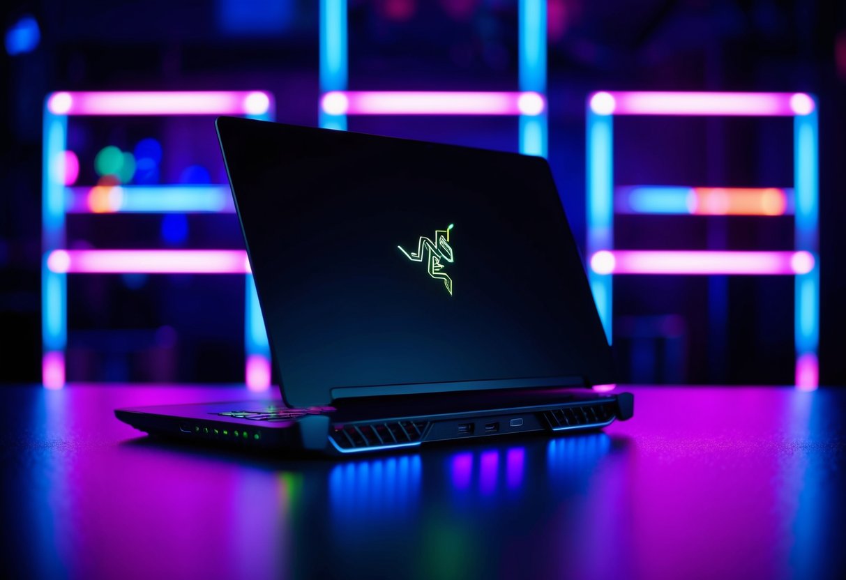 A sleek, futuristic gaming laptop surrounded by neon lights and adorned with the Razer logo