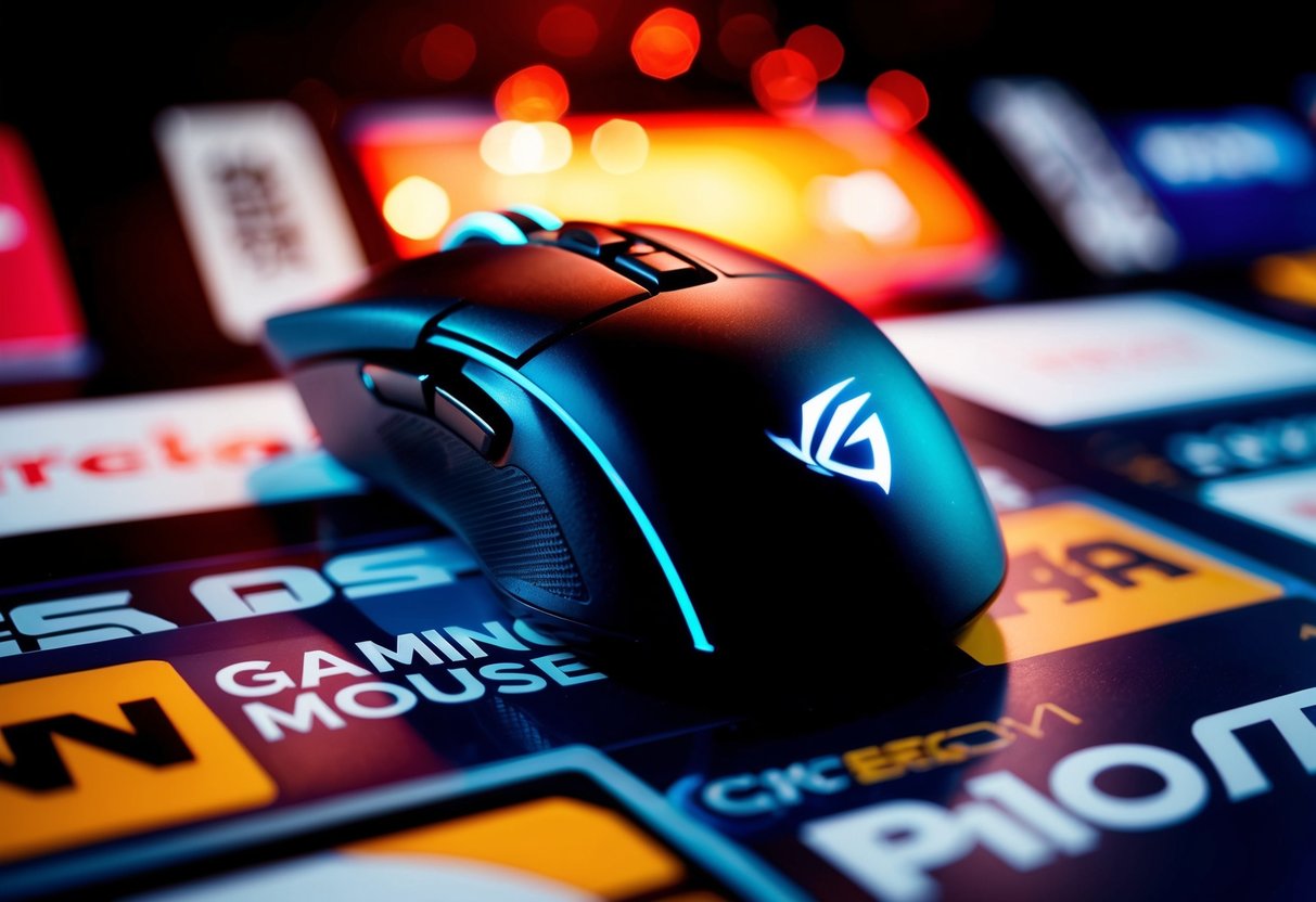 A sleek, modern gaming mouse surrounded by vibrant promotional graphics and logos