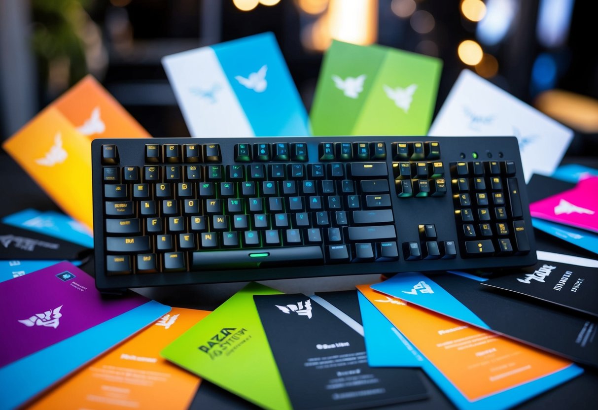 A sleek Razer BlackWidow V3 keyboard surrounded by vibrant Razer promotional materials