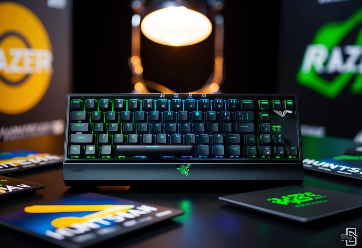 A sleek Razer Huntsman Mini keyboard surrounded by promotional graphics and lighting
