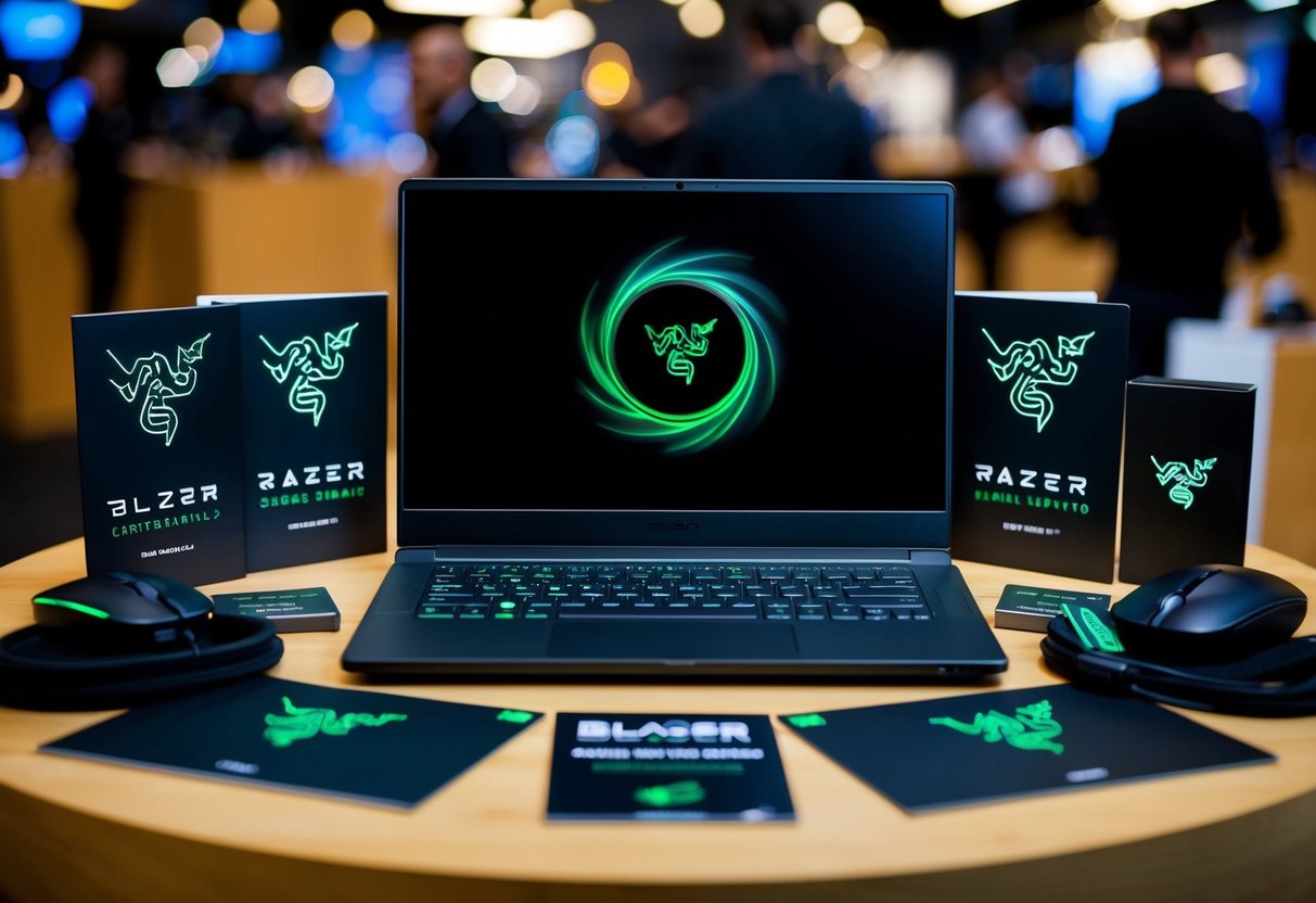 A sleek Razer Blade 15 laptop surrounded by Razer promotional materials and accessories