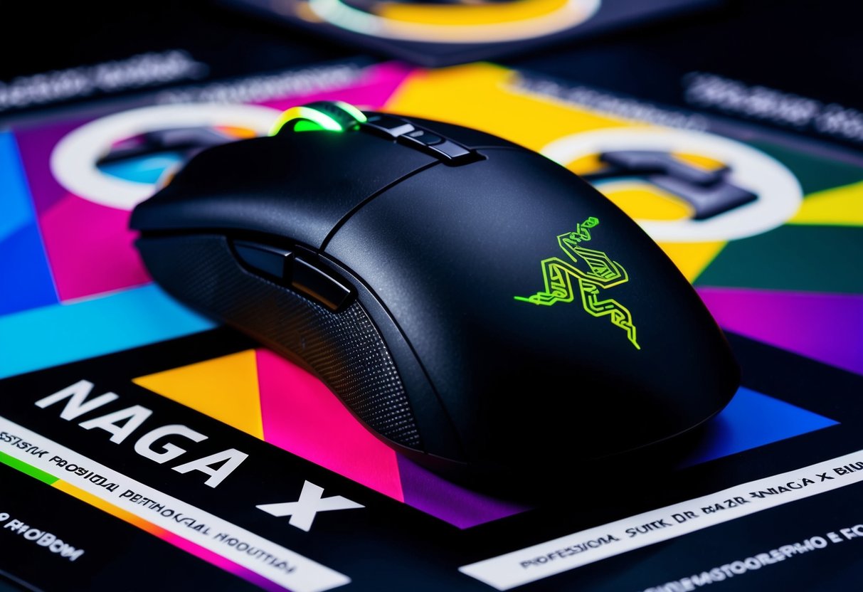 A sleek Razer Naga X mouse surrounded by colorful promotional graphics and logos