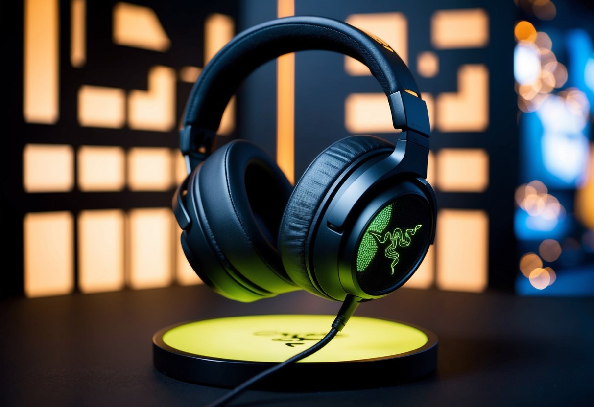 A pair of Razer Kraken Ultimate headphones surrounded by glowing promotional graphics
