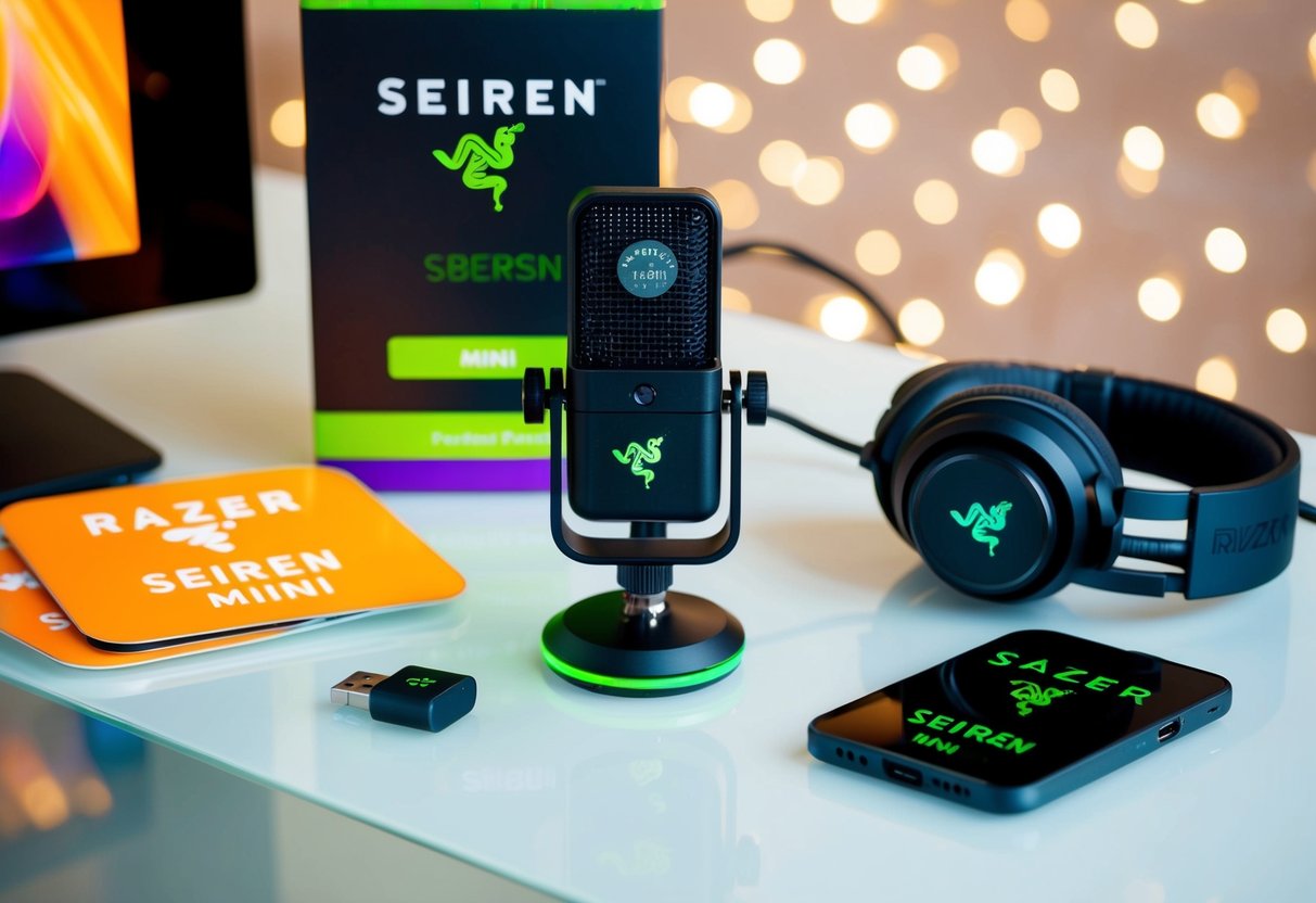 A sleek, compact Razer Seiren Mini microphone surrounded by vibrant Razer promotions and accessories on a clean, modern desk