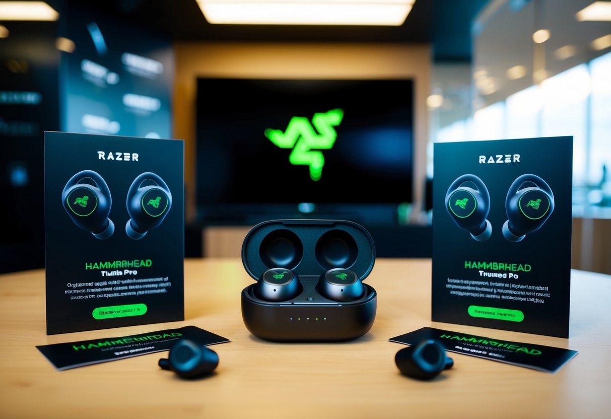A pair of Razer Hammerhead True Wireless Pro earbuds with promotional materials and branding displayed in a sleek and modern setting