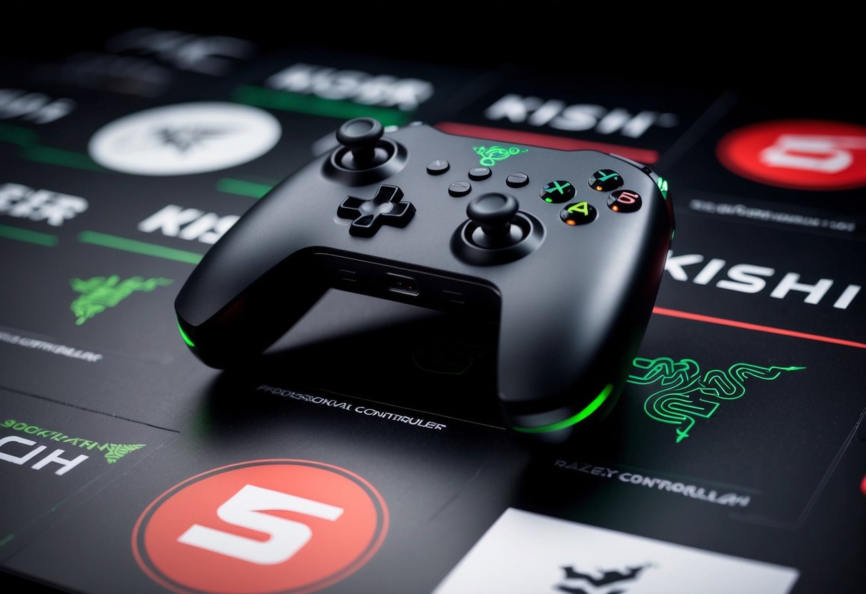 A Razer Kishi controller surrounded by promotional graphics and logos