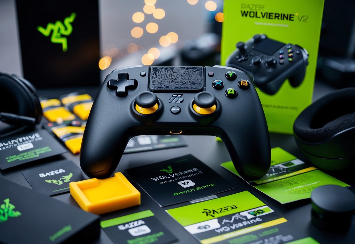 A Razer Wolverine V2 controller surrounded by promotional materials and gaming accessories