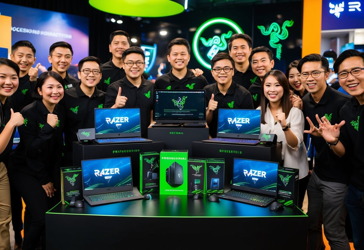A vibrant display of Razer products with promotional banners and logos, surrounded by excited customers and staff