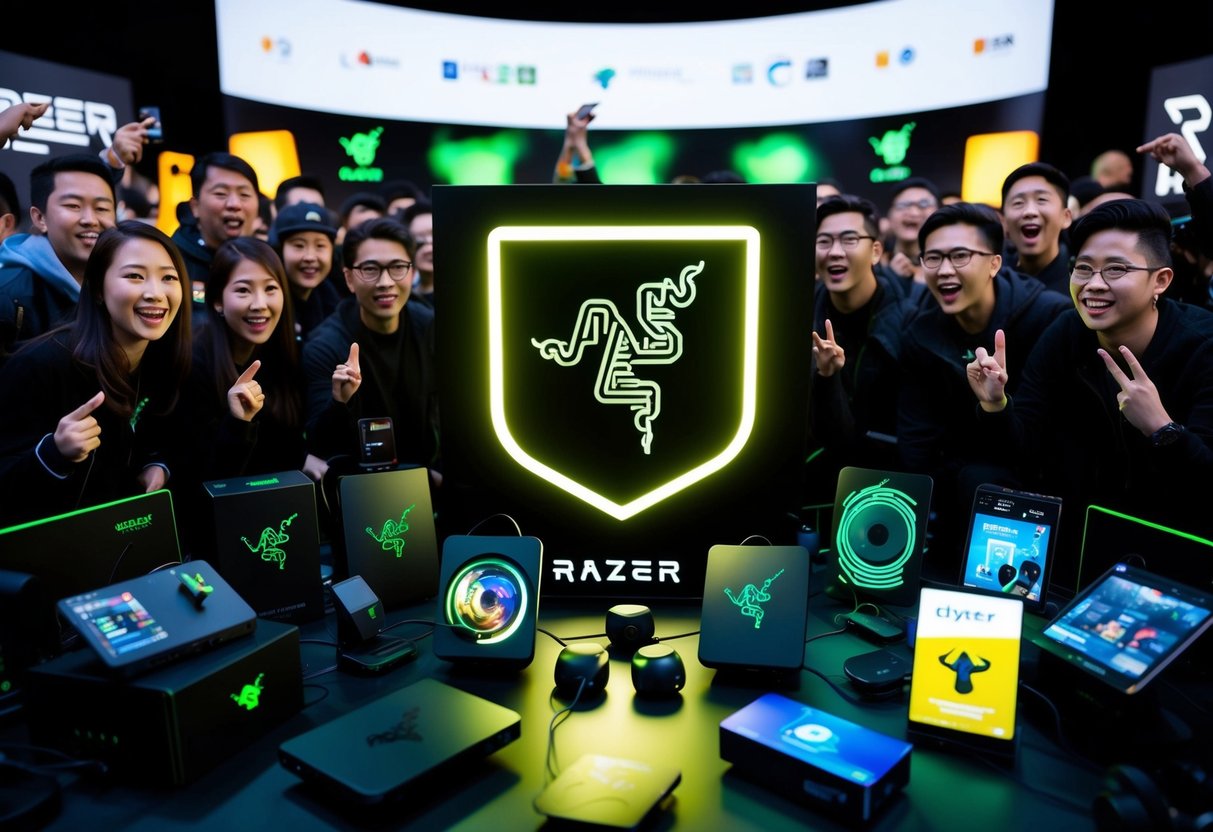 A glowing Razer logo surrounded by various electronic devices and gaming accessories, with a crowd of excited customers eagerly participating in promotional activities