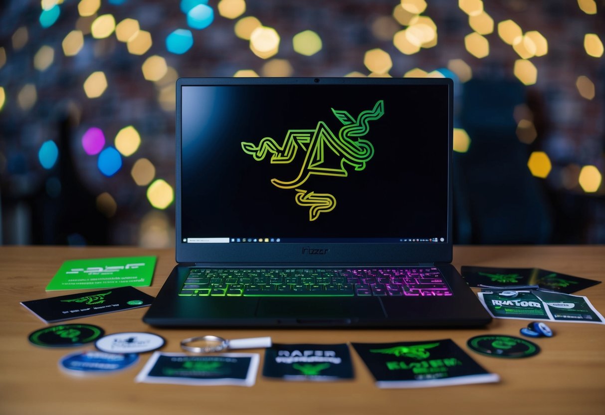 A laptop with a Razer logo displayed on the screen, surrounded by promotional items such as stickers, keychains, and posters