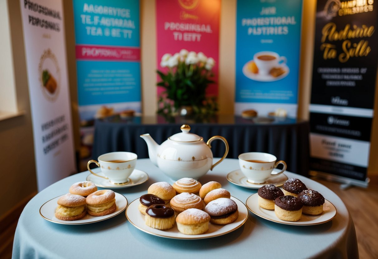 A cozy tea set with assorted pastries on a table, surrounded by promotional banners and signs