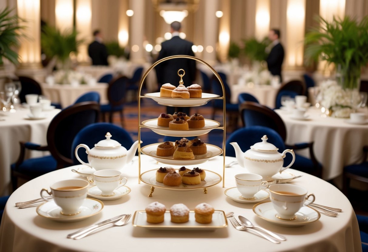 A table set with elegant teacups, tiered trays of pastries, and pots of steaming tea, surrounded by opulent decor and soft lighting at The Ritz