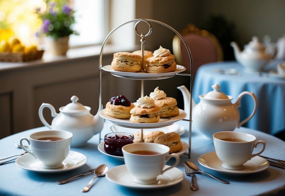 A table set with a tiered tray of scones, clotted cream, and jam, accompanied by teapots, cups, and saucers