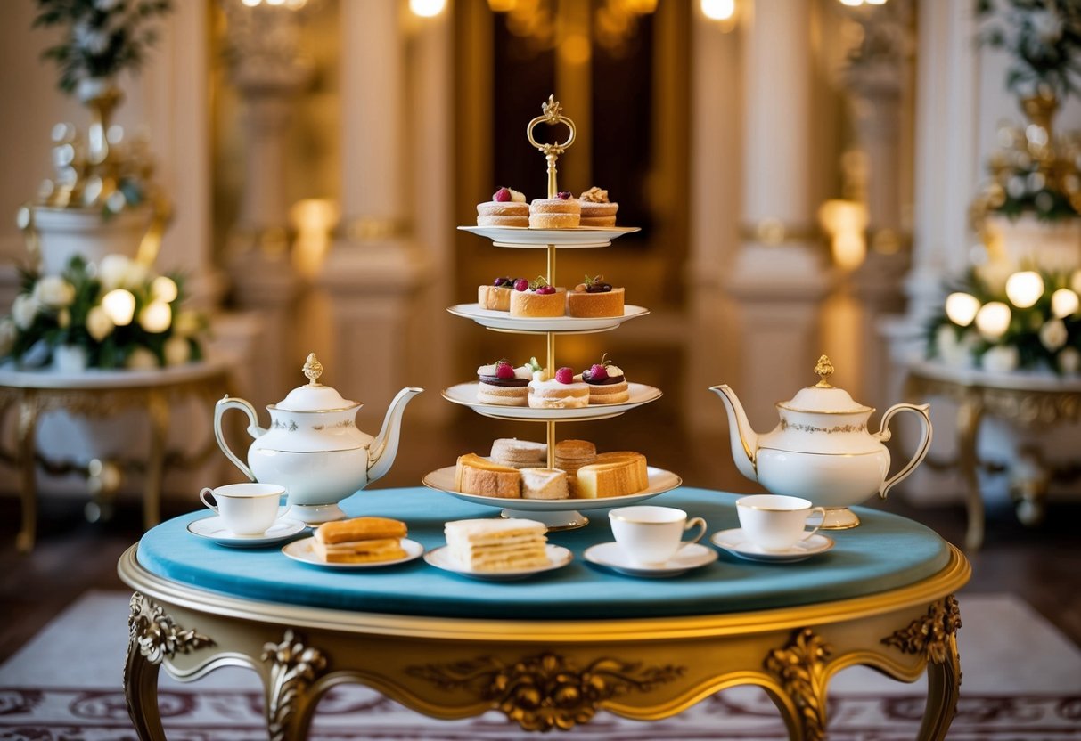 Elegant tea set on ornate table with tiered trays of pastries and sandwiches, surrounded by opulent decor and soft lighting