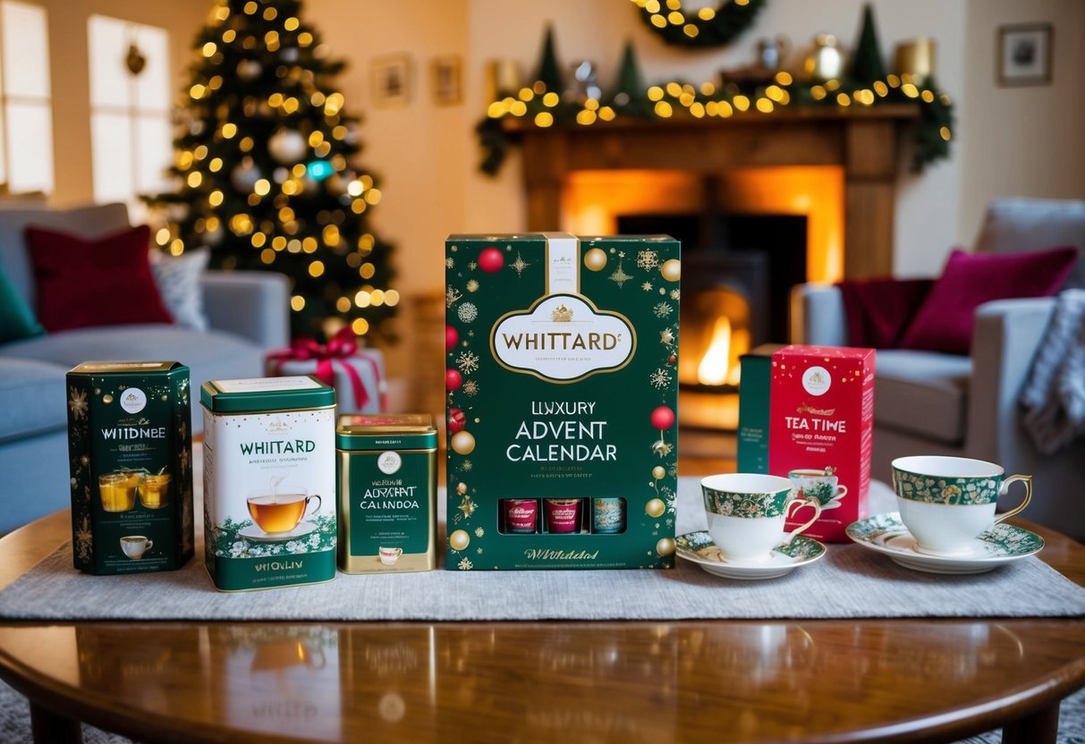 A cozy living room with a festive table setting, featuring Whittard's Luxury Tea Advent Calendar and various tea time promotions