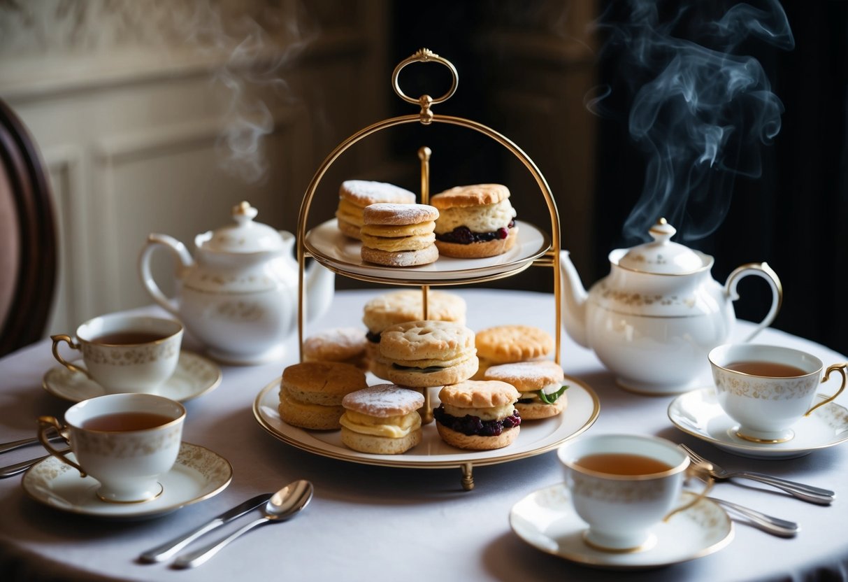 A table set with a tiered tray of scones, finger sandwiches, and pastries, accompanied by pots of steaming tea and delicate china cups