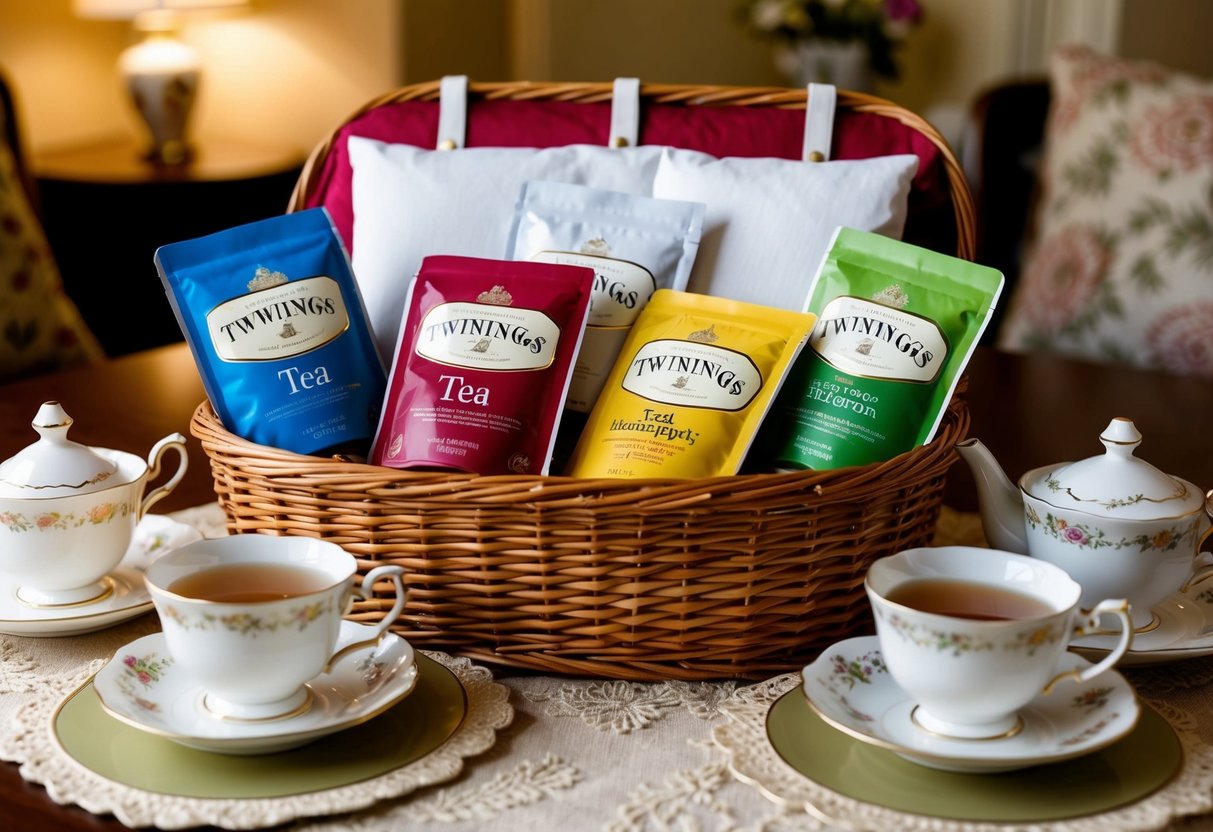 A cozy tea time setting with various Twinings tea flavors displayed in a hamper, surrounded by elegant teacups and saucers